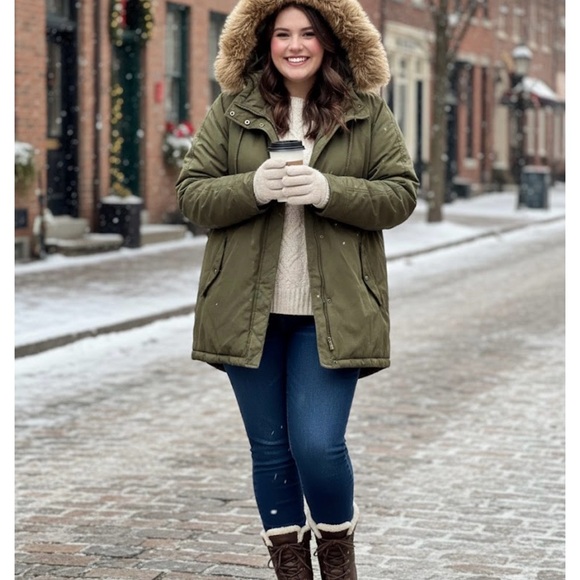 Old Navy Women's Green Puffer Jacket with Faux Fur Hood - Picture 2 of 11